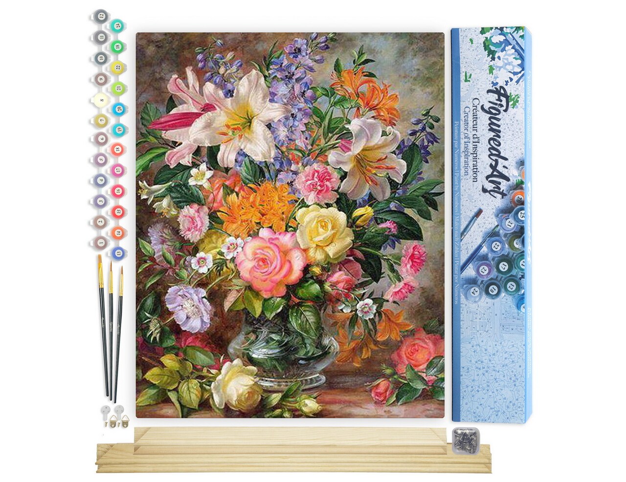 Figured'Art Paint by Numbers Kit for Adults Flowers in All colours 16"x20" - Craft Art Painting Rolled Canvas with DIY wooden frame